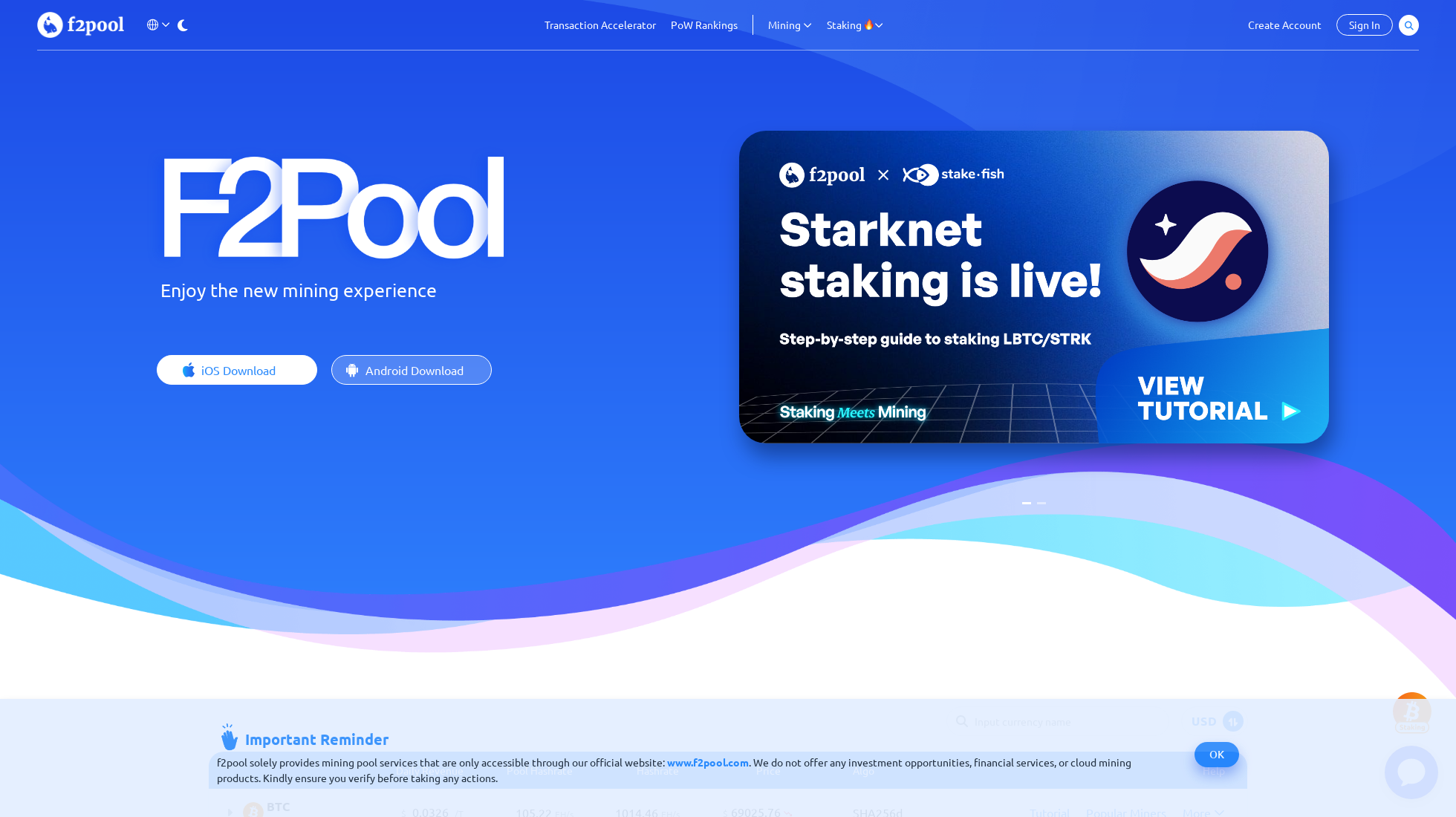 f2pool.com homepage screenshot