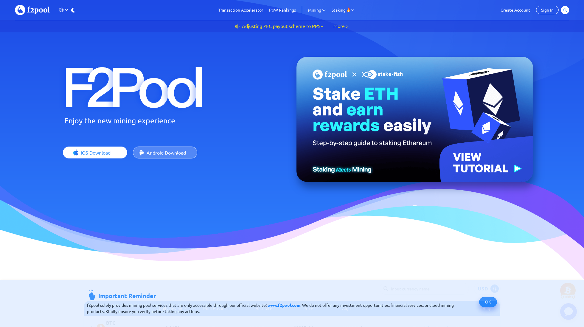 f2pool.com homepage screenshot