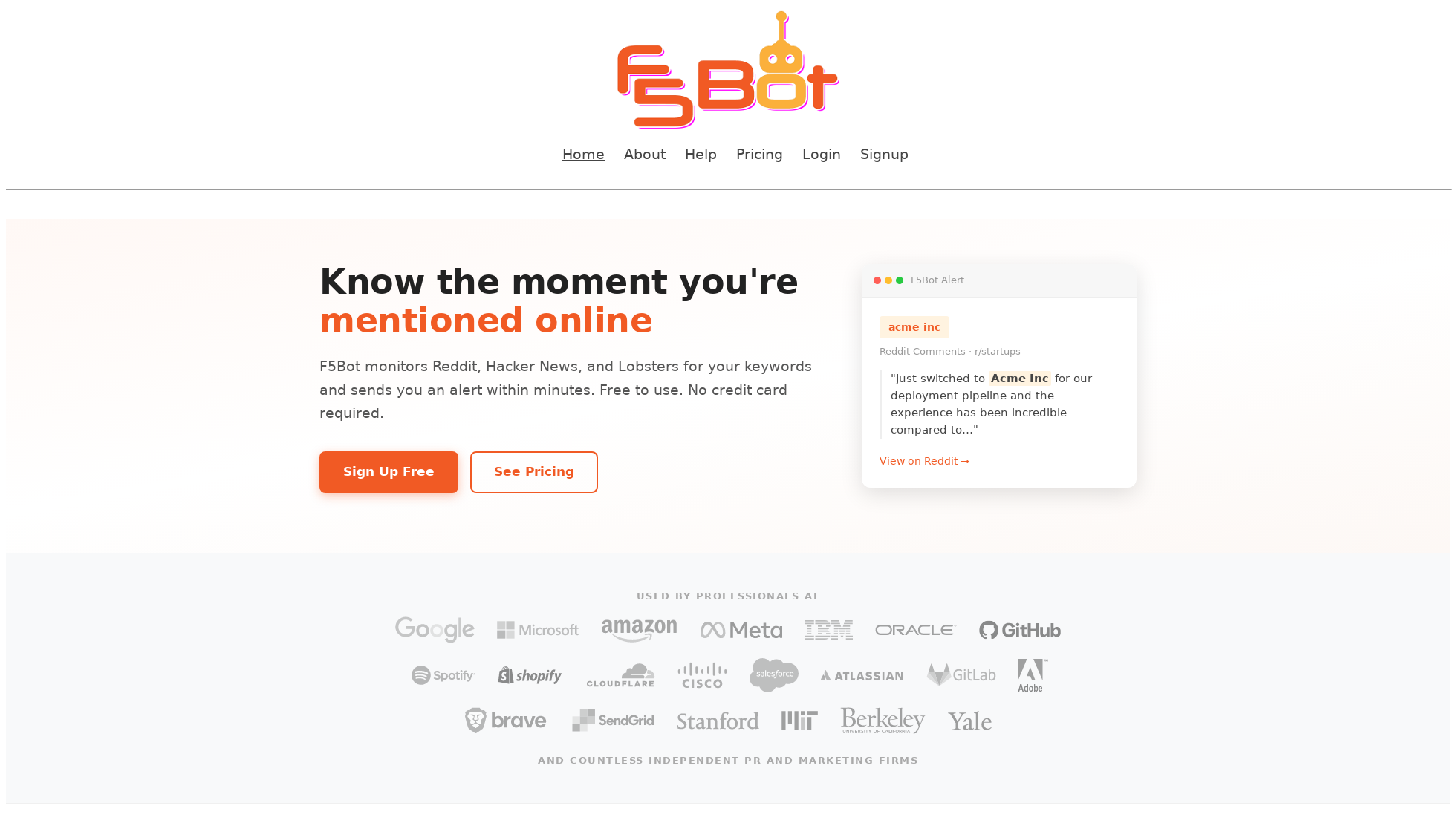 f5bot.com homepage screenshot